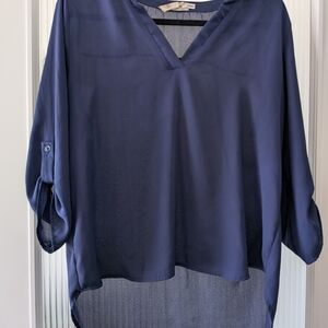 Pink Rose Deep Blue V-Neck Blouse